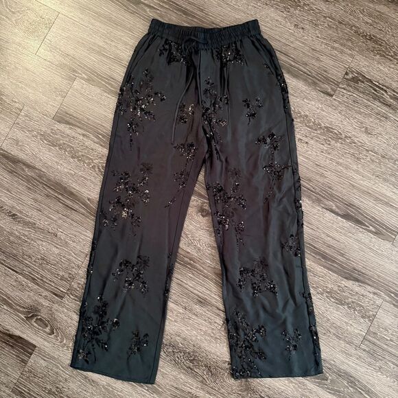 ZARA Sequin Floral Embroidery Satin Black High Waisted Drawstring Trouser - Picture 1 of 7
